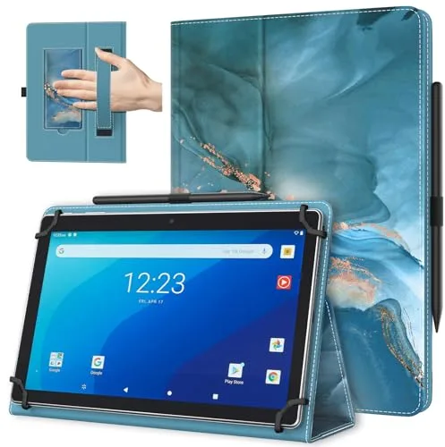 TiMOVO Funda Universal para Tableta Android de 10,1 Pulg. con Bucle para Lápiz, Funda Plegable y Ligera de Pie con Correa para Todas Las Tabletas con Pantalla Táctil de 9,6-11 Pulg., Azul Pavo Nublado