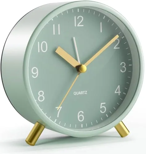 YouJabz Reloj despertador analógico, silencioso, sin tictac, con luz nocturna, reloj despertador redondo de metal para oficina, funciona con pilas, dormitorio, ancianos, adultos, niños, regalos para