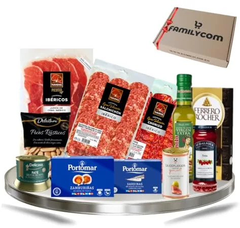Familycom Cesta Gourmet con Ibéricos Navidul para Regalar - Surtido de Jamón Ibérico, Embutidos, Zamburiñas, Aceitunas, Chocolate Ferrrero - Regalos originales mujer y hombre Sin Alcohol
