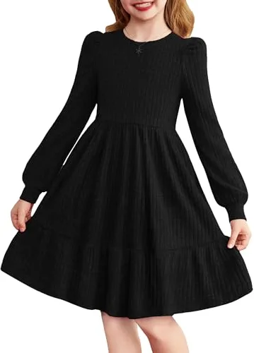 Arshiner Vestido Niña Elegante de Punto Acanalado con Manga Larga y Mangas Abullonadas, Vestidos de Fiesta y Ceremonia, Cuello Redondo, Vestidos Casual A-Line Sólido 11-12 Años