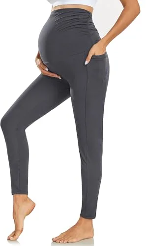 Ymmott Leggings de Maternidad para Mujer Cintura Alta Pantalones de Maternidad con Bolsillos Opacos Suaves Elásticos Ropa de Maternidad
