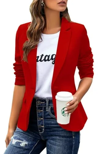 Cicy Bell Chaqueta de mujer casual de manga larga con solapa, chaqueta de trabajo para oficina, rojo, M