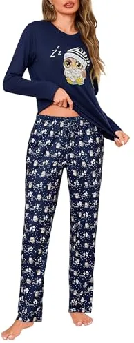 Demegimi Pijama Mujer Invierno Algodón Pijama Largo Ropa de Dormir para Mujer con Bolsillos y Cordón Tallas Grandes S-XXL