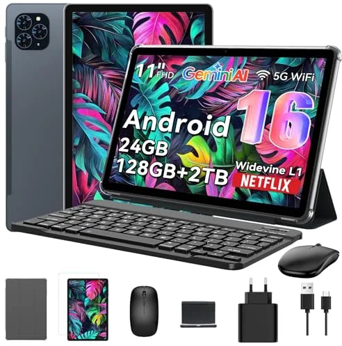 Tableta 2025 Primera Tablet Android 16 del Mundo con Gemini AI, 11 Pulgadas FHD Pantalla, 24GB RAM, 128GB ROM/ 2 TB TF, Cámara 13 MP, 8000mAh, Widevine L1, Facial ID, 2 en 1 Tablet con Teclado y Lapiz