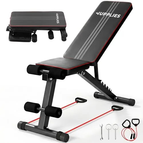 JUPPLIES Banco de Musculación Plegable Multifunción para Gimnasio en Casa – Banco de Pesas Ajustable 7 Niveles hasta 90°, Soporta 250 kg, Incluye 2 Bandas de Resistencia | Home Gym