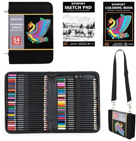 KINSPORY 54 Lápices de Colores con Minas Blandas 3.0 mm, Bloc de Dibujo 50 Hojas 3 Colores, Kit de Dibujo con Correa Ajustable para Hombro - Regalo para Adultos Artistas Principiantes Niñas Niños