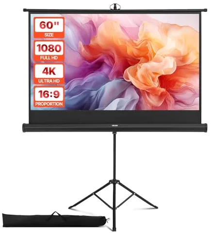 VEVOR Pantalla de Proyector con Soporte de 152,4 cm, Pantalla de Proyección Portátil y Antiarrugas con Trípode y Bolsa de Transporte, Ángulo Amplio de 160°, 16:9 4K HD, para Proyectores en Casa