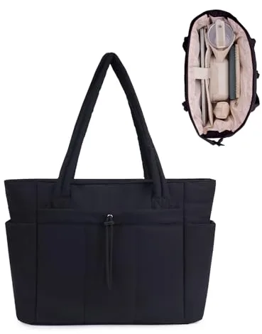 Wandering Nature Bolso Mujer Acolchado Grande, Bolso Shopper Mujer con Compartimento para Portátil 15.6" y Portabotellas 40oz para Negocios Escuela Viajes, Negro(Patente en Trámite)