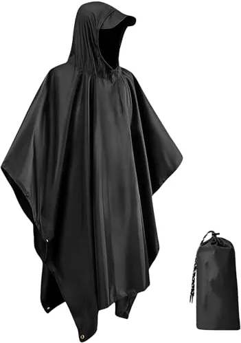 IBOPUXIU Chubasquero, Ligero, Reutilizable y Transpirable con Capucha, Impermeable Mujer Multifuncional 3 en 1 para Camping, Senderismo, Ciclismo y Pesca, Unisex (Negro)