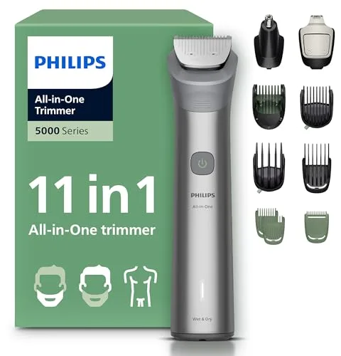 Philips Recortadora todo en uno de 11 en 1 Serie 5000 - Afeitadora y cortapelos hombre para rostro, cabeza y cuerpo, cuchillas de acero autoafilables, 17 longitudes, recargable, MG5951/15