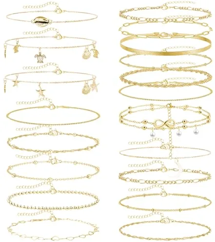 JSTHHTT 19Pcs Pulsera TobilloConjunto de Tobilleras Mujer Plateadas, Pulsera Tobillo de Moda para Mujer, Tobilleras Pulseras Elegantes y Atractivas, Tobillera Oro para Complementar Estilo
