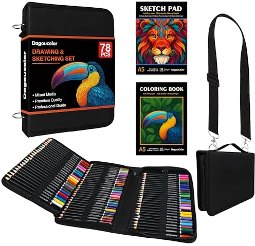 DagouColor Colores Lápiz Bolso de Hombro, 76 Lápices Kit de Dibujo, Dibujo Set con 3-color Sketchbook & Libro Para Colorear, Suministros de Arte Para Artistas Principiantes Profesionales Medios