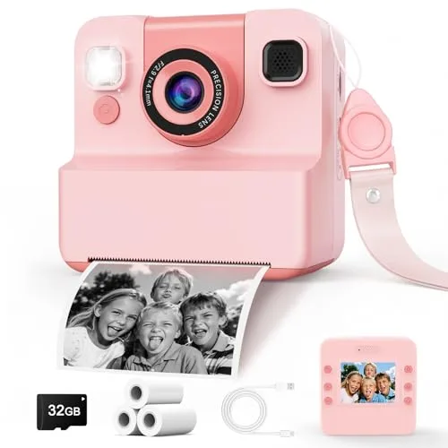 Camara de Fotos Instantaneas,2.4" 1080P HD Camara Fotos Infantil Instantaneas Juguetes Niños 3-12 Años Cámara Instantánea Niños de Foto & Video 1080P & Música&5 Juegos de Rompecabezas 32GB SD