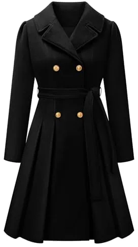 Vancavoo Abrigo Mujer Invierno Casual Abrigos con Cinturón Larga Térmico Abrigos Doble Botonadura Elegantes Coat con Cuello de Solapa Chaquet,Negro,L