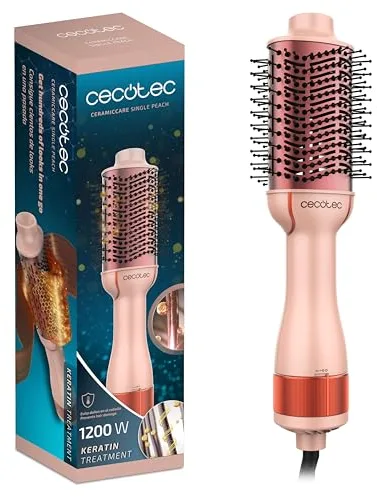 Cecotec Cepillo de Aire Voluminizador CeramicCare Single Peach. 1200W, Desenreda, Seca, Da Volumen, Alisa y Ondula, Revestimiento Cerámico con Queratina y Aceite de Argán, 3 Modos