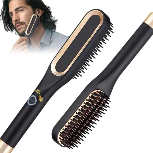 Journeyside Cepillo Alisador de Barba, Mini Cepillo Alisador para Hombre, Revesimiento Ceramico PTC 160℃/190℃/220°C, para Modelar Barba y Cabello, Protección Antiquemaduras
