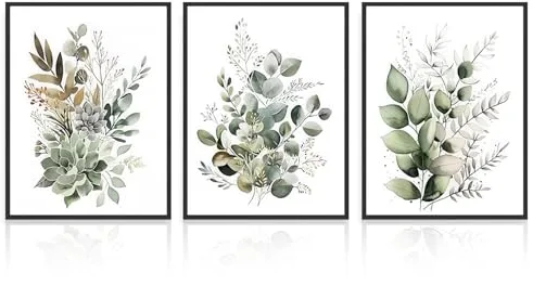 Dazzlewall 3Pcs Decoración de Arte de Pared Boho, Impresión de Póster Botánico de Hojas Verdes para Sala de Estar, Decoración de Pared de Dormitorio de Hojas de Eucalipto, 30x40 cm Sin Marco