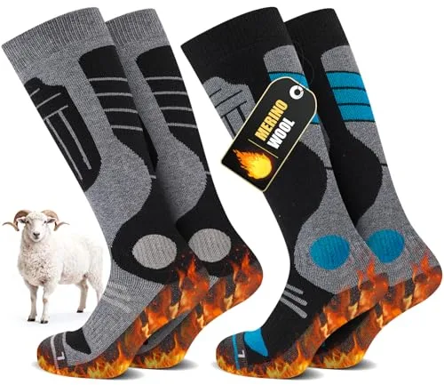 SukModen 2 Pares Calcetines Esquí Lana Merino Para Damas y Caballeros, Lana Cálida Térmicos Calcetines De Invierno Gruesos Para Clima Frío, Nieve, Esquí, Snowboard, Caza, Senderismo