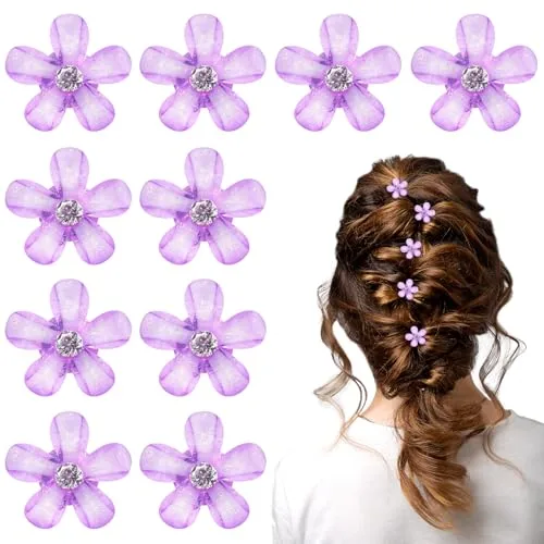 10 pinzas de pelo mini florales, pinzas pequeñas con pedrería, horquillas decorativas en forma de flor, accesorios de pelo para mujeres y niñas, ideales para uso diario, fiestas y bodas (Morado)