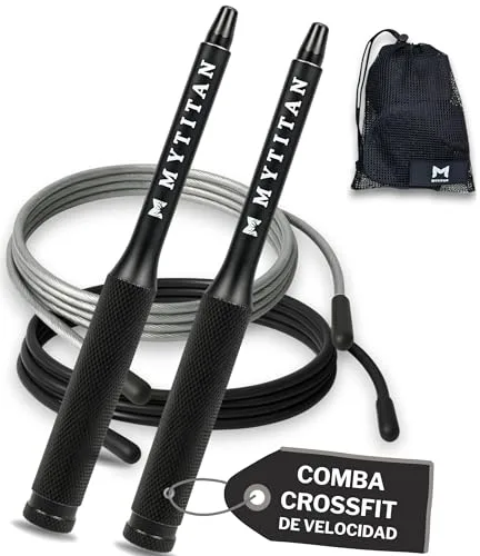 Comba CrossFit de Velocidad Ajustable – Comba de Velocidad para Saltar Fitness y Boxeo con Mangos de Aluminio y Doble Rodamiento – 2 Cables de Acero + Bolsa de Transporte – MYTITAN®