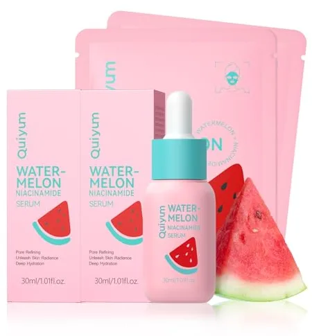 QUIYUM Sandía Niacinamida, Suero (3 Unidades) y Mascarilla Facial (2 Unidades), Skincare para Hidratación, Reafirmante y Luminosidad, Rutina Glow Up para Mujeres y Adolescentes