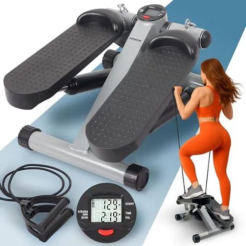 PORTENTUM Mini Stepper Fitness casa con Bandas de Resistencia y Pantalla LCD 5 Funciones — Máquina Steps 3-en-1 para piernas, glúteos y Brazos — Potencia Regulable — Compacto y fácil de Guardar