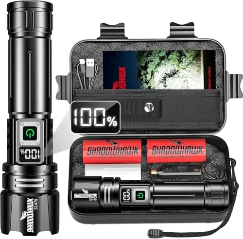 Shadowhawk Linternas alta Potencia 24H Iluminación | Militar 1,000,000 Lúmenes 30W Linterna LED Potente Rechargeable(2pc 5000mah Batería), Tactica para Camping/Emergencias/Regalo, Pantalla LCD & IP67