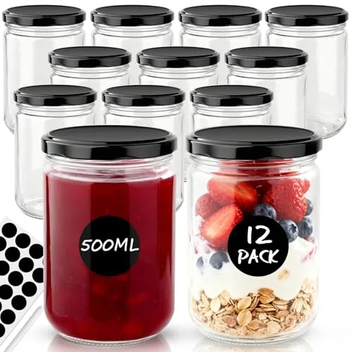 Otauoaea 12 Tarros Cristal Conservas de 500 Ml, Mermeladas Tarros de Cristal Con Tapa Botes de Cristal con Tapa Hermética Aptos Para Lavavajillas para Yogur, Ensalada, Cereales, Pudín,Mermelada