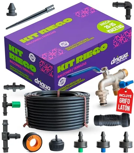 Kit de Riego por Goteo Balcones Terrazas y Huerto Urbano Sistema Completo 20-25 Macetas con Grifo Doble Latón Reductor Presión Goteros Autocompensantes Microtubo 25m Instalación Fácil sin Electricidad