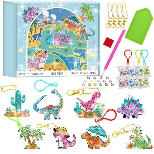 CAYUDEN 5D Diamond Painting Llavero DIY Diamond Pintura 8PCS Dinosaurio Kits de Manualidades de Diamantes Arte Mosaico Colgante Navidad Cumpleaños Regalo Keychain Mochila Bolso Charm para Adulto