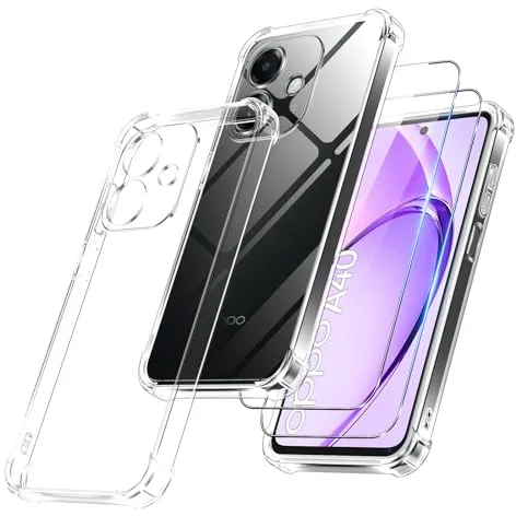 Pnakqil para OPPO A40 / A40M / OPPO A60 5G Funda con 2 Cristal Templado, Soft TPU Case, [Almohadilla de Aire integrada] Antigolpes Antiarañazos Carcasa, Antiamarilleo Cover, Transparente