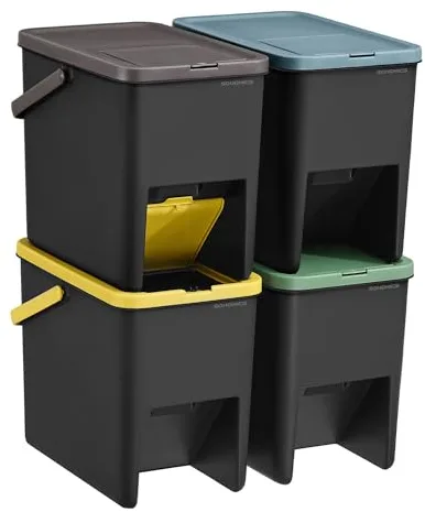 SONGMICS Cubo de Basura, Juego de 4 Cubos Apilables, Papeleras, 20 L Cada, Sistema de Separación Residuos, Tapas Apertura a Presión, Pegatinas, Almacenaje, Amarillo, Azul, Marrón y Verde LTB760BZ01