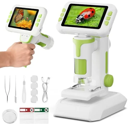 HEWEIMEI 1600X Microscopio para Niños, 4.0" Pantalla Microscopio Digital con Kit de Portaobjetos y 6 Luces LED, Juguetes Ciencias Educativas, Niños Alumnos de 3 a 12 Años