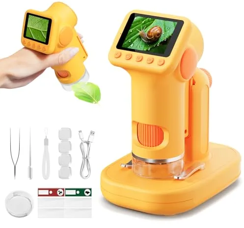 HEWEIMEI 1600X Microscopio para Niños, 2.0" Pantalla Mini microscopios Digitales con Kit de Portaobjetos y 6 Luces LED, Juguetes Ciencias Educativas, Niños Alumnos de 3 a 12 Años (Amarillo)