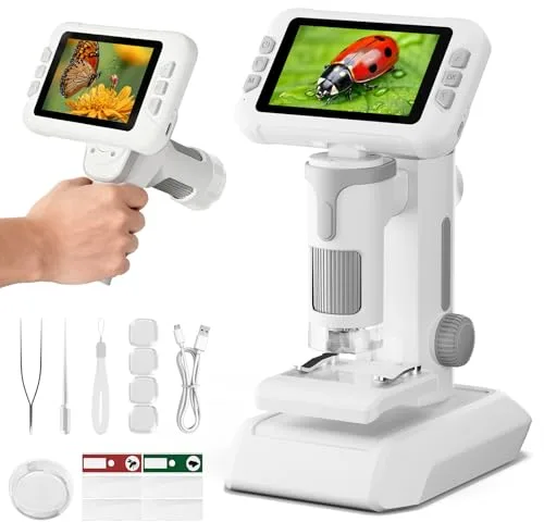 HEWEIMEI 1600X Microscopio para Niños, 4.0" Pantalla Microscopio Digital con Kit de Portaobjetos y 6 Luces LED, Juguetes Ciencias Educativas, Niños Alumnos de 3 a 12 Años (Gris)