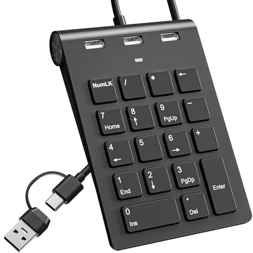 Teclado numérico USB-C con cable, USB con 3 puertos USB 2.0, teclado numérico portátil y delgado de 18 teclas para laptop/PC de escritorio/Surface/iPad, teclado numérico USB para Windows/mac, negro
