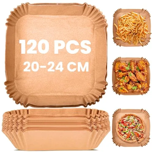KitchenBoss 120 Piezas Papel Freidora Aire:20-24cm Papel Air Fryer Cuadrado, Papel Pergamino Freidora Aire Desechable Antiadherente para 5-8L Freidora, Horno, Microondas