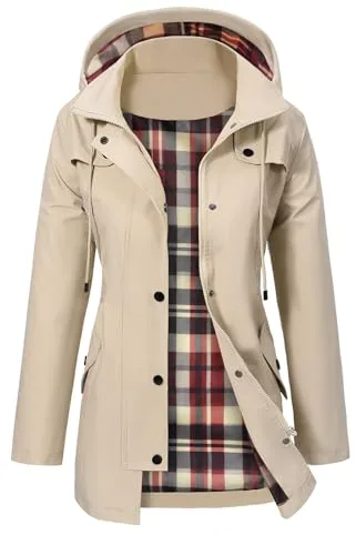 PASUDA Chubasquero Mujer Impermeable Trench Chaqueta de Lluvia Largo Chaqueta Cortaviento para Mujer con Capucha Ligera Gabardina Impermeable al Aire Libre (Caqui, L)
