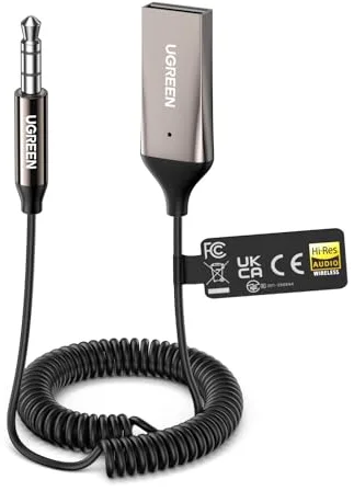 UGREEN LDAC Receptor Bluetooth 6.0 para Coche con Jack 3,5 mm Adaptador de Hi-Res Audio Inalámbrico USB con Micrófono y Cable Integrados, Admite Llamadas Manos Libres, Altavoces Estéreo y Auriculares