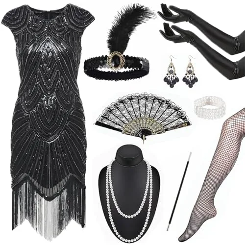XM-mengpanwei Vestido Años 20 Disfraz Años 20 Mujer, Vestido Charleston con Flecos y Lentejuelas,con Conjunto de accesorios Flapper de Los Años 20,para Carnaval, Halloween, Baile Fiesta