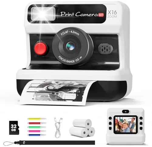 CalineGam Camara Fotos Infantil Instantanea, HD 1080P Cámara Instantánea para Niños con Tarjeta de 32G y 3 Rollos de Papel, Lentes Dobles, Regalo para Niños y Niñas de 3 a 12 Años