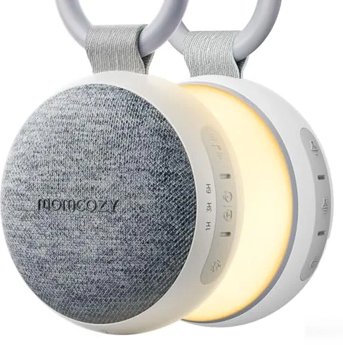 Momcozy Ruido Blanco Bebe con 20 Sonidos Relajantes, Maquina Ruido Blanco Bebe con Luz Nocturna, Anillo Colgante, Temporizador, Larga Duración para Viajes