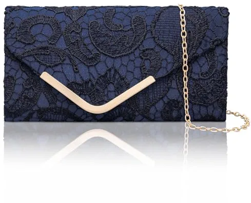 Larcenciel Bolso Fiesta Mujer Azul, Elegante Bolso de Mano de Satén con Encaje y Cadena Desmontable, Clutch Fiesta de Noche Vintage de Moda con Estampado Floral para Boda, Fiesta, Cena, 22x11x5CM