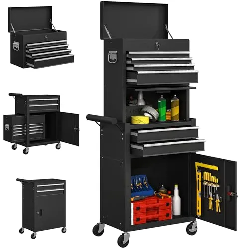 HOMCOM Carro de Herramientas con 6 Cajones y Cerraduras, 3 en 1, Carro de Taller Móvil con Ruedas y Panel Lateral Perforado, Caja de Herramientas Desmontable de Acero, para Taller, Garaje, Negro