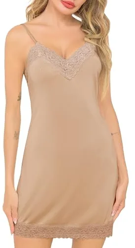 Sopesil Enaguas para Mujeres Combinaciones para Vestidos con Encaje Camisiones Tirantes Full Slip Mujer Petticoat Elegante Mini Vestido Tirantes Sexy, Caqui, M