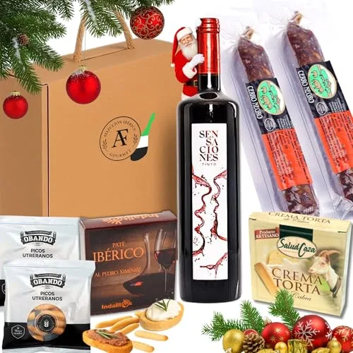 AF® - Cesta gourmet para regalar con vino Sensaciones 75cl, surtido de ibéricos, crema de queso, paté al Pedro Ximenez y picos artesanos – Cesta de navidad, regalos para hombre