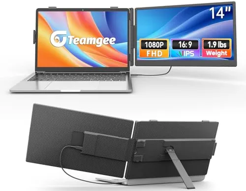 Teamgee Monitor Portátil 14 Pulg Ultra-Ligero, Extensión de Pantalla para PC 13-17", Compatible con Windows/Android/Mac/Linux, Abrazaderas Antideslizantes, Ideal para Trabajo, Juegos & Viajes
