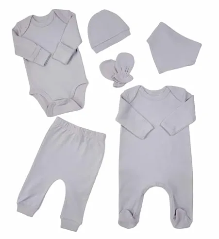 Set Primera Puesta Bebé 100% Algodón Orgánico Unisex (0-6 Meses) 6 Piezas Certificado GOTS | Pack de Body, Pijama, Gorro, Manoplas, Babero, Pantalón – Niebla marina – Regalo Recién Nacido