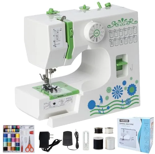 Máquina de Coser Portátil, 12 Puntadas Máquina Coser Pequeña para Principiantes y Niños, Fácil Uso con Luz LED, Mini Costura Electrica para Jeans, Sewing Machine con Pedal y Hilo Kit Verde