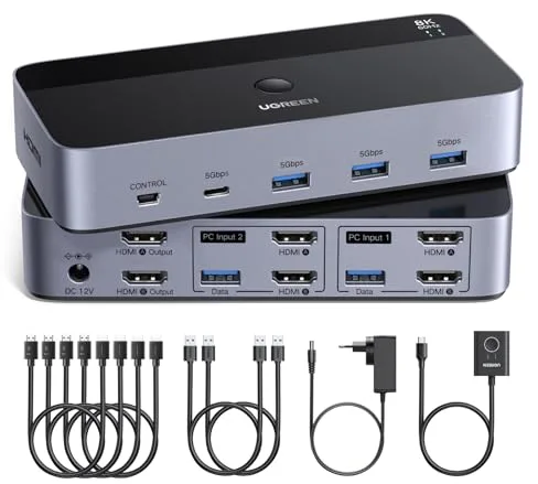 UGREEN Switch HDMI KVM 2 Entradas 2 Salidas 8K 60Hz Conmutador KVM con Doble Pantalla 4 Puertos USB 3A1C 5Gbps para Teclado Ratón y Disco Duro Control de Escritorio y Cables HDMI 2.1 Incluidos